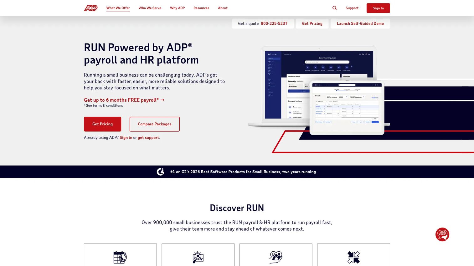 ADP RUN small business payroll homepage