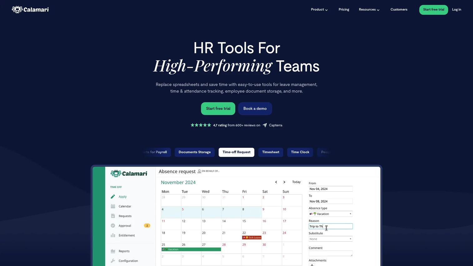 Calamari leave and attendance management platform homepage