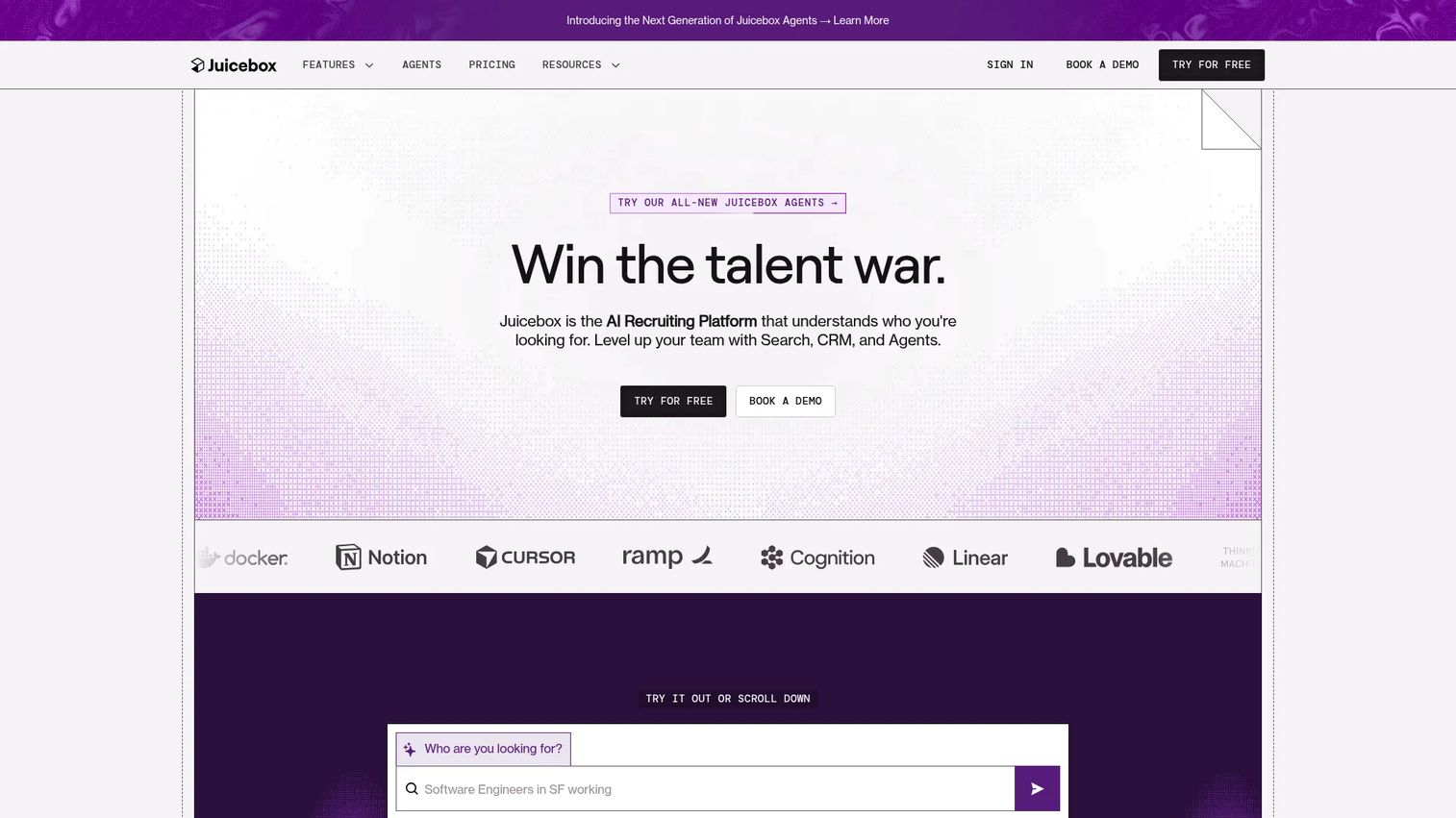 Juicebox AI talent search platform homepage