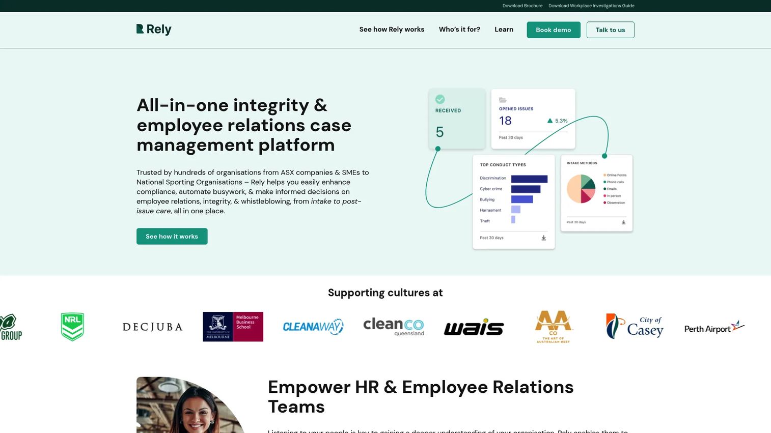 Rely Platform workplace case management homepage