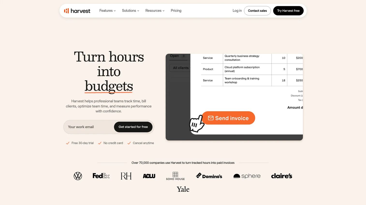 Harvest time tracking software homepage