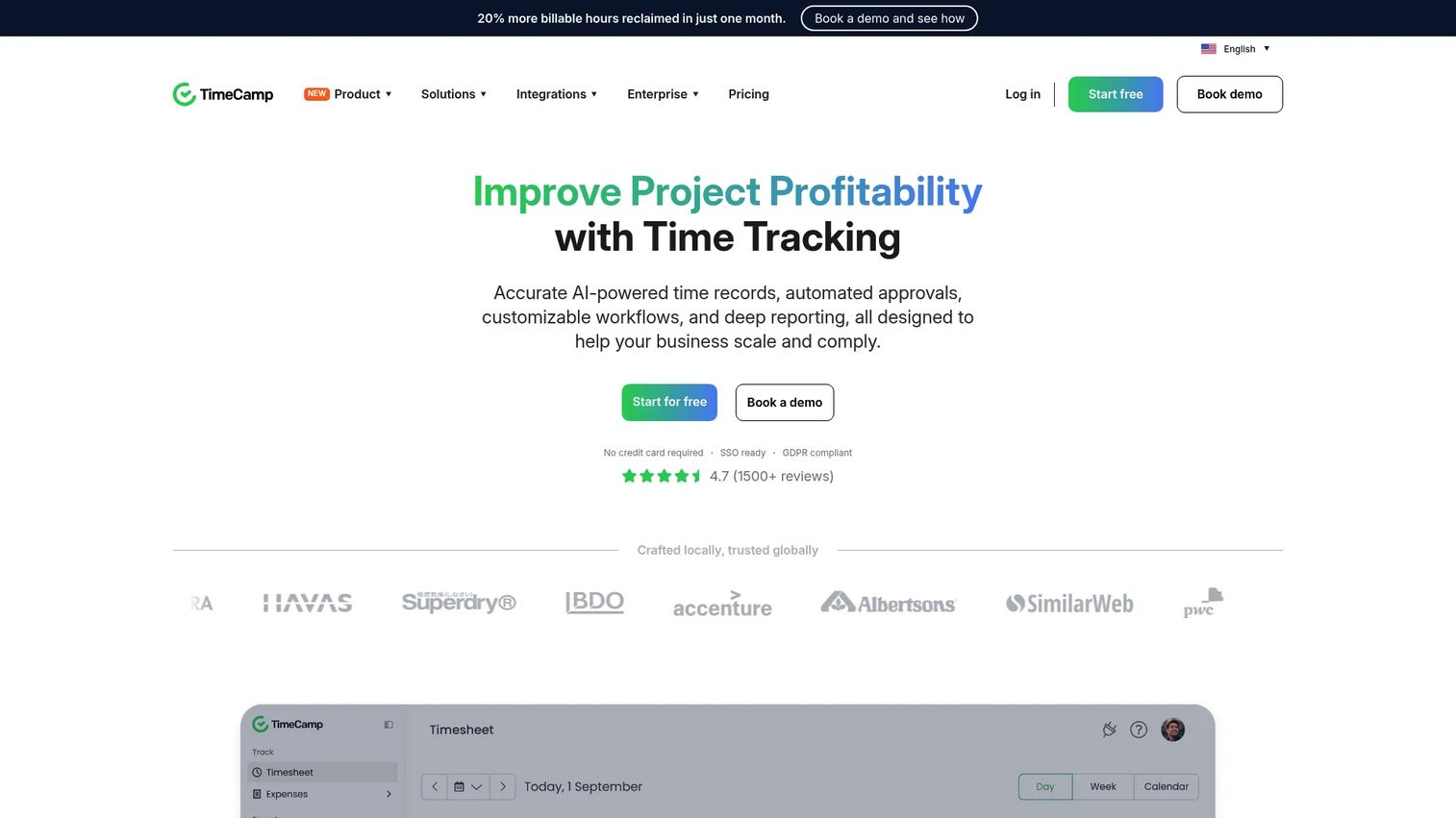 TimeCamp time tracking software homepage
