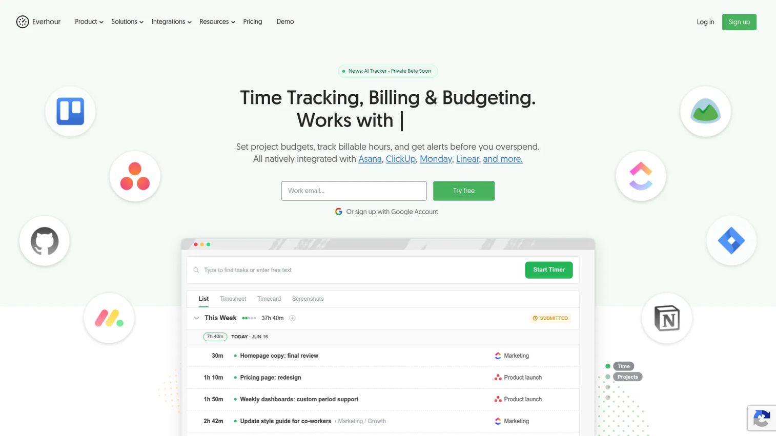 Everhour time tracking software homepage
