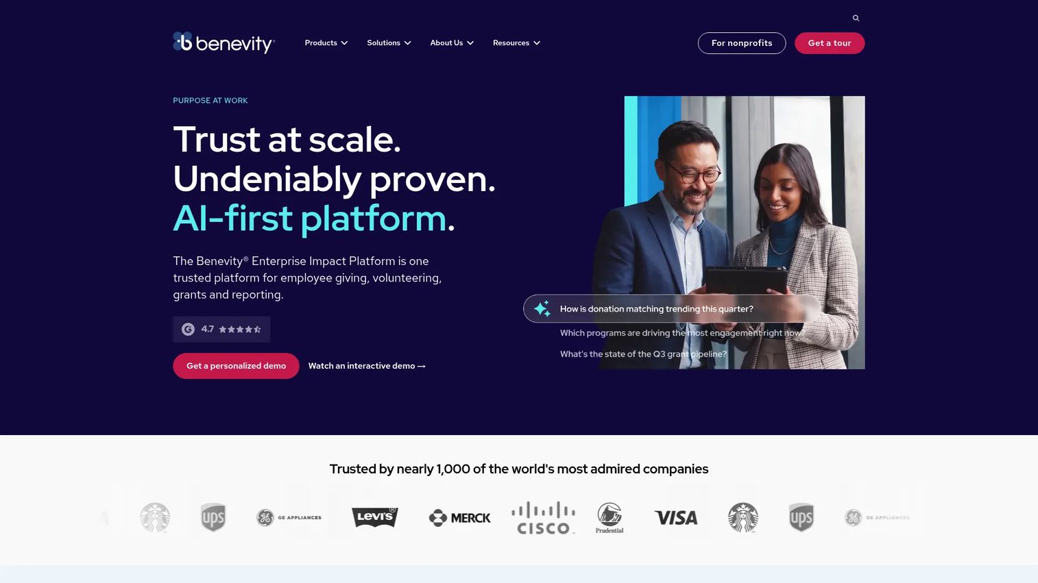 Benevity enterprise impact software dashboard for giving and volunteering