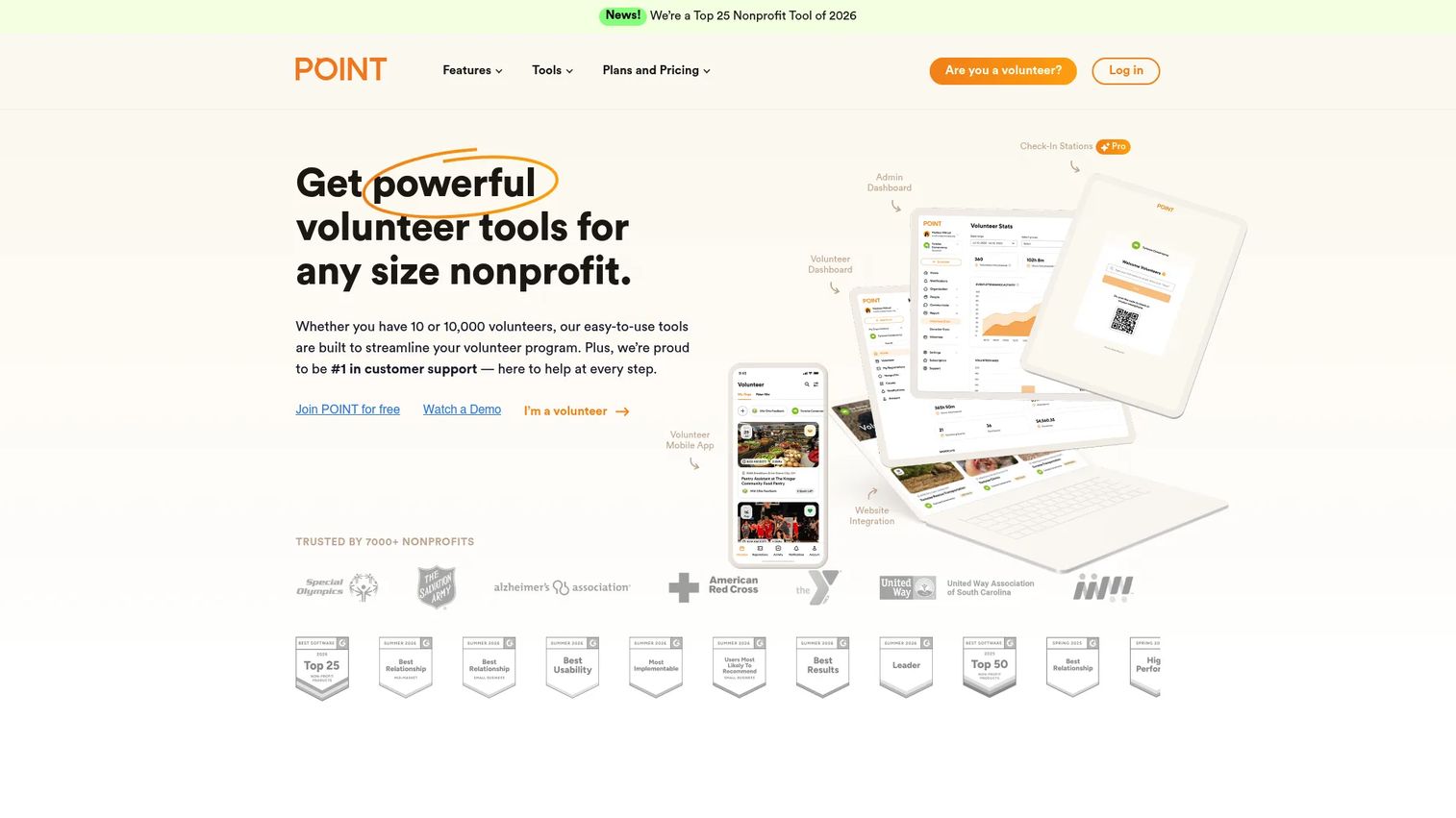 POINT volunteer management platform homepage
