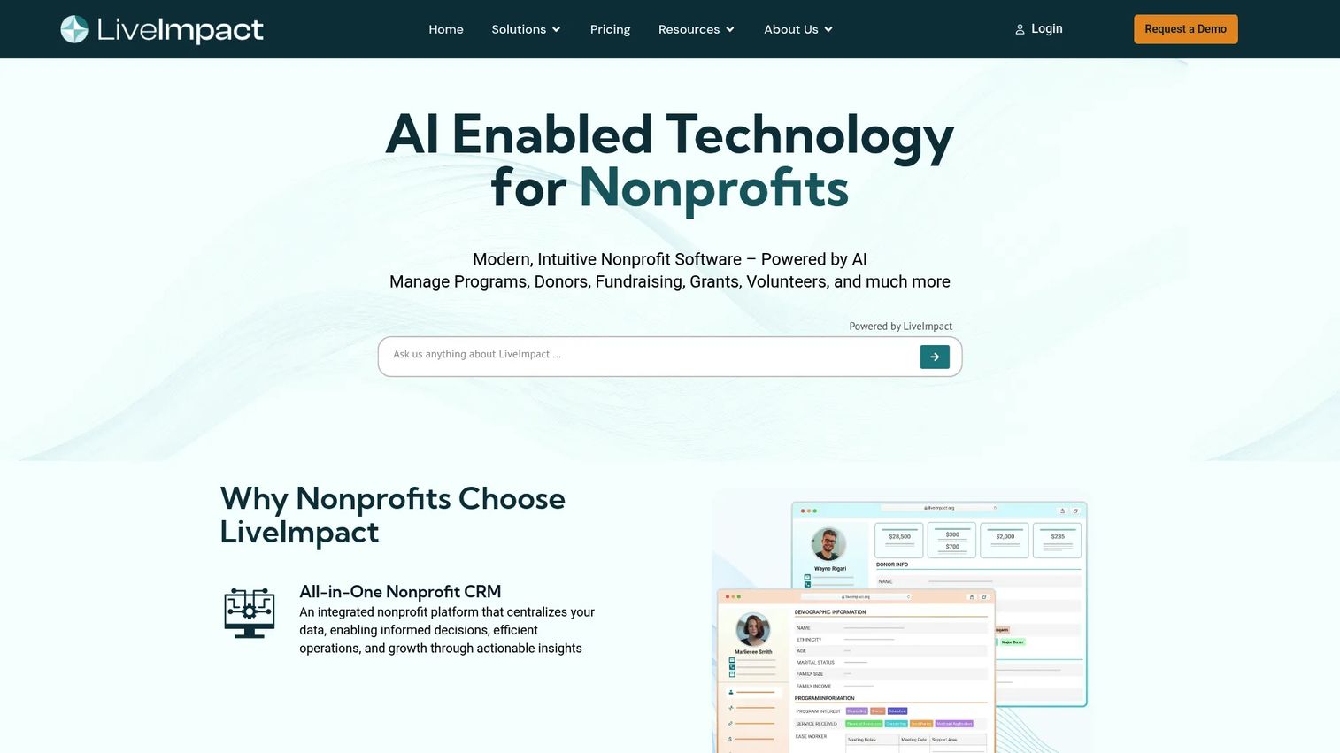 LiveImpact nonprofit software homepage