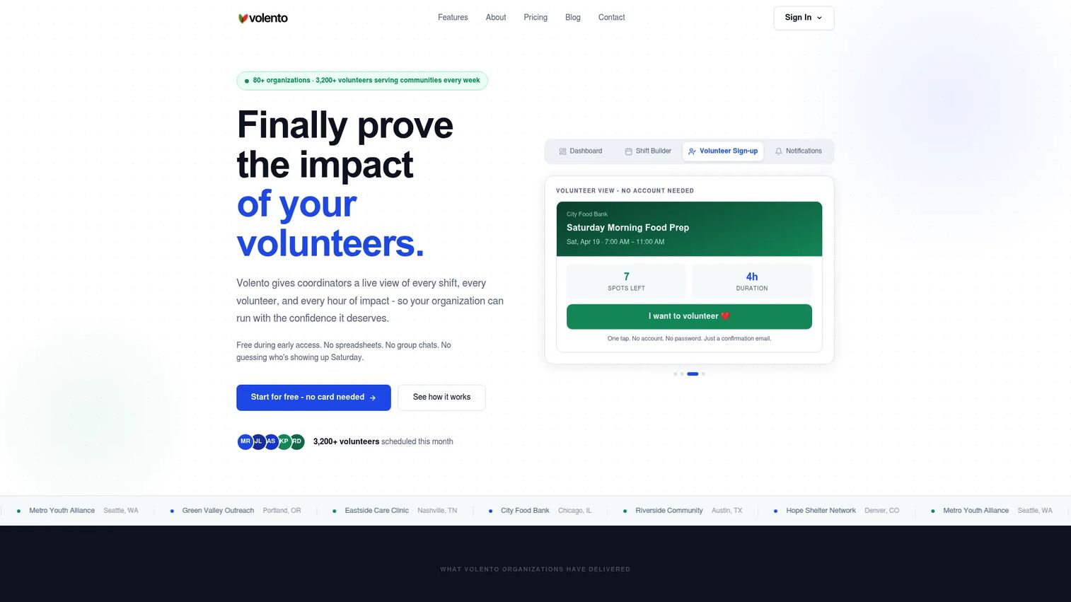 Volento volunteer management platform homepage