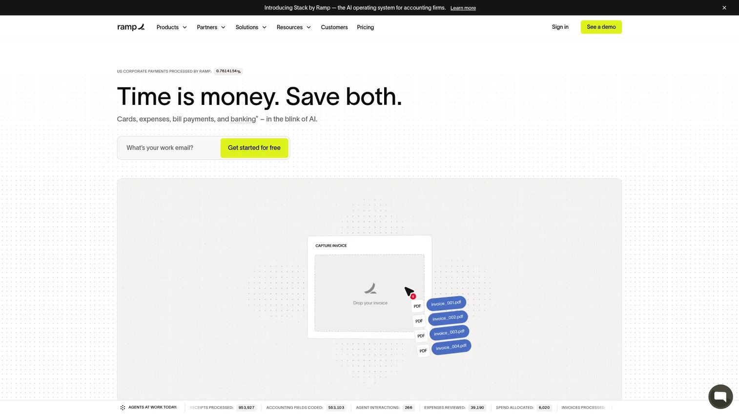 Ramp expense management and corporate card platform homepage