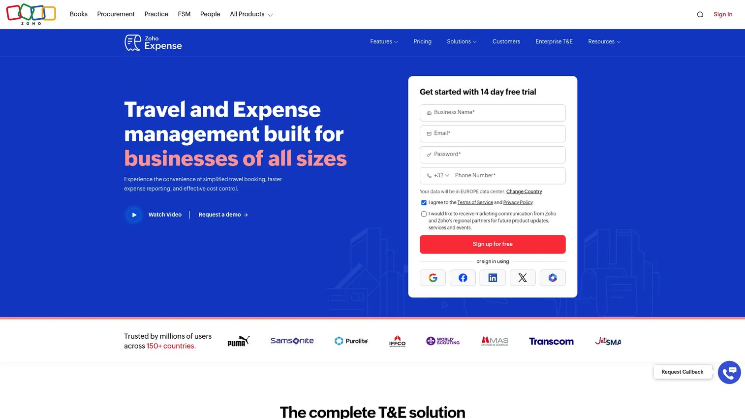 Zoho Expense travel and expense management homepage