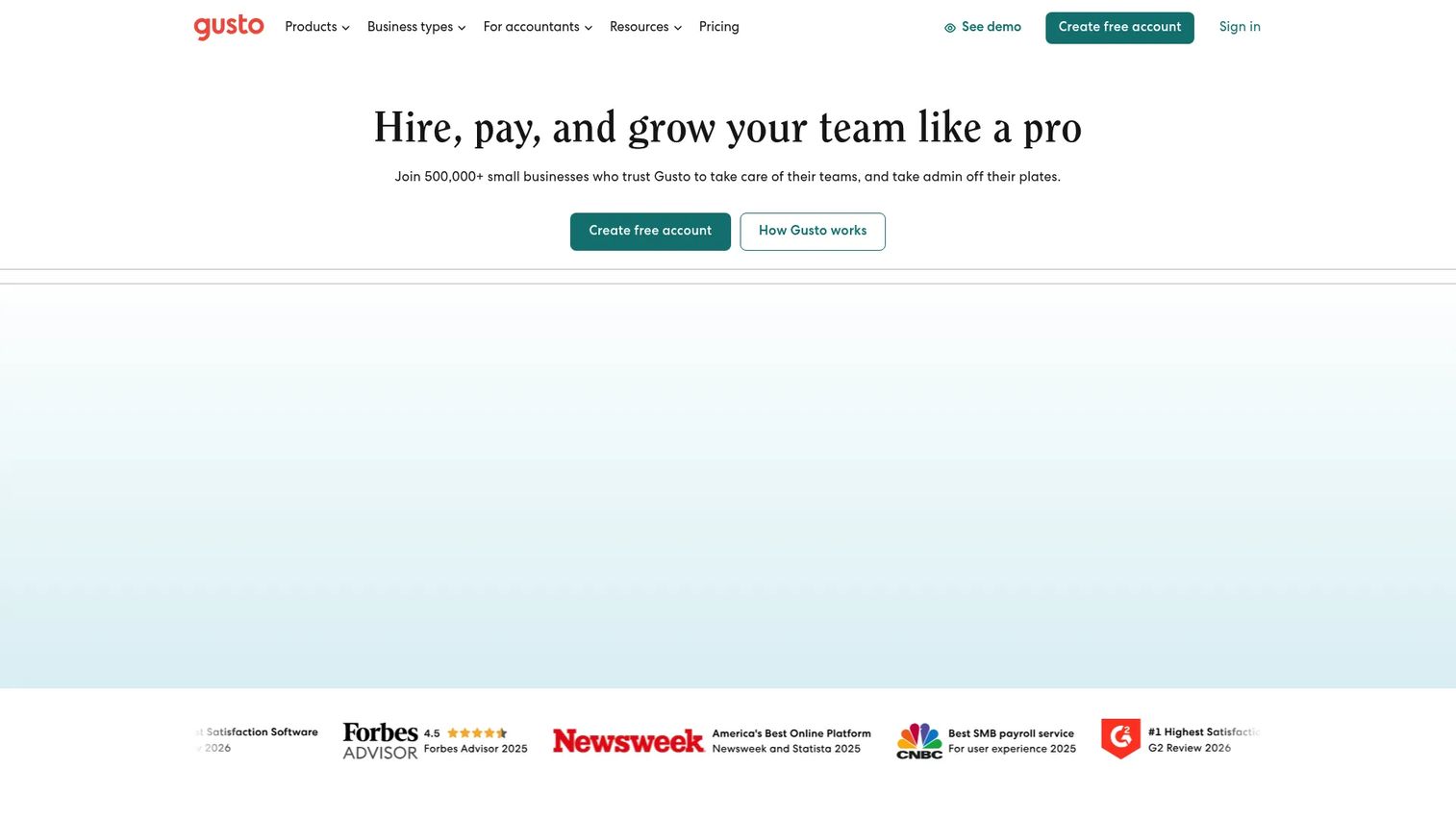 Gusto HRIS software homepage