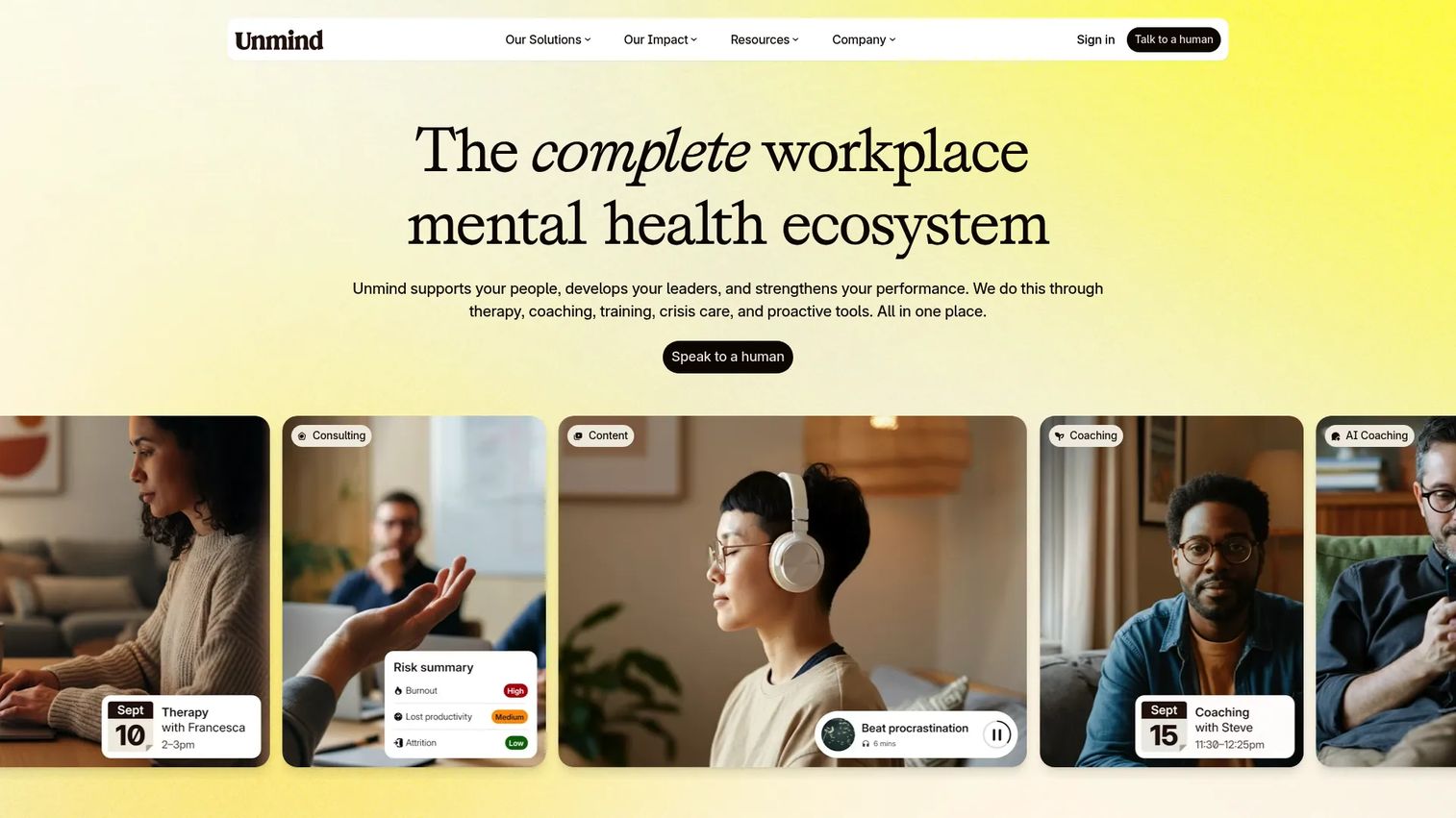 Unmind workplace mental health platform homepage