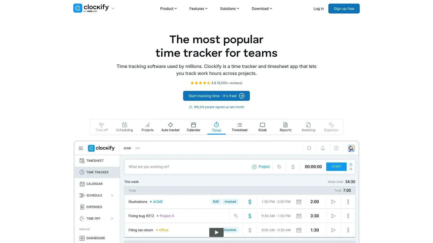 Clockify time tracking and timesheet interface