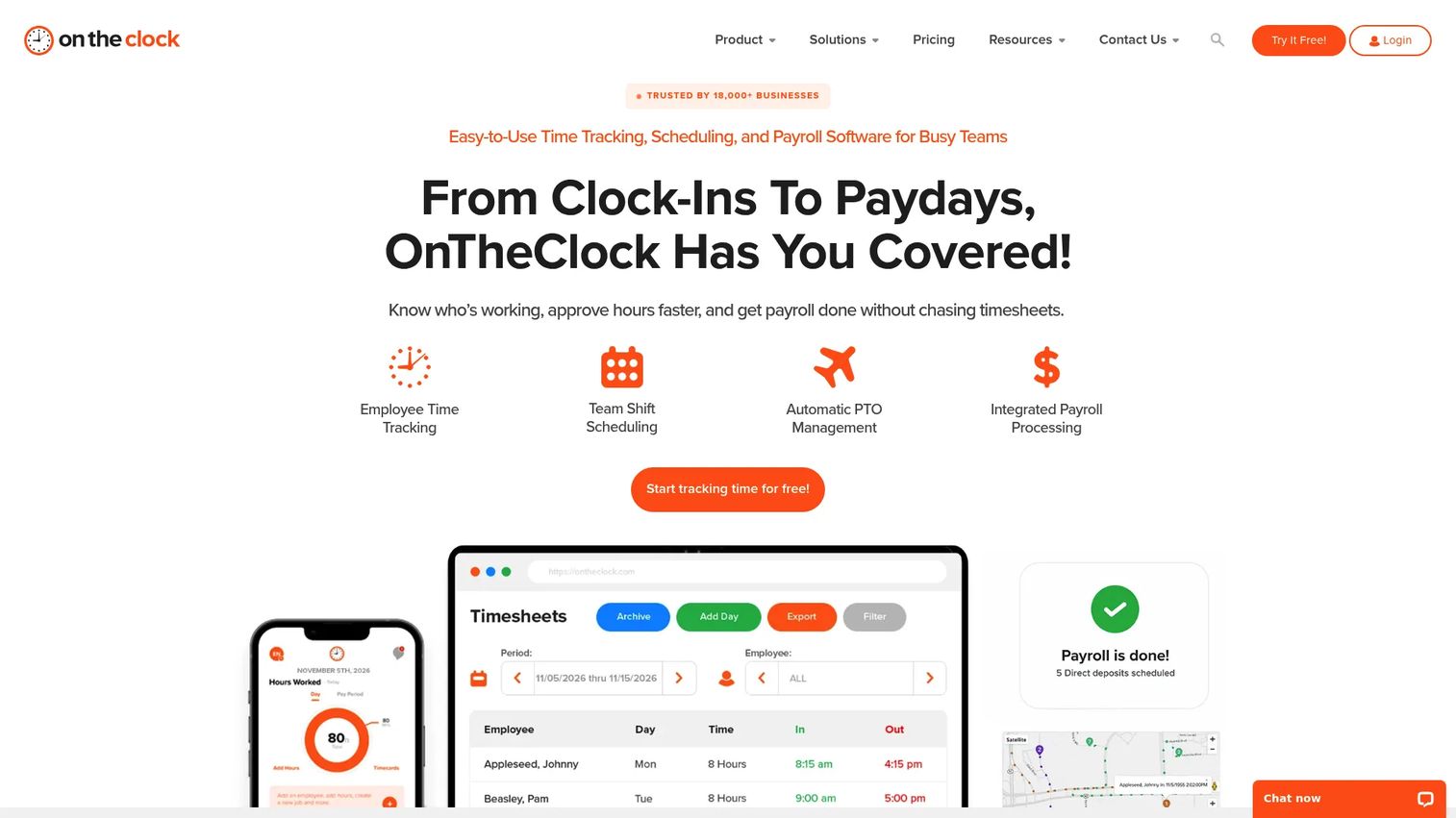 OnTheClock employee time tracking software homepage