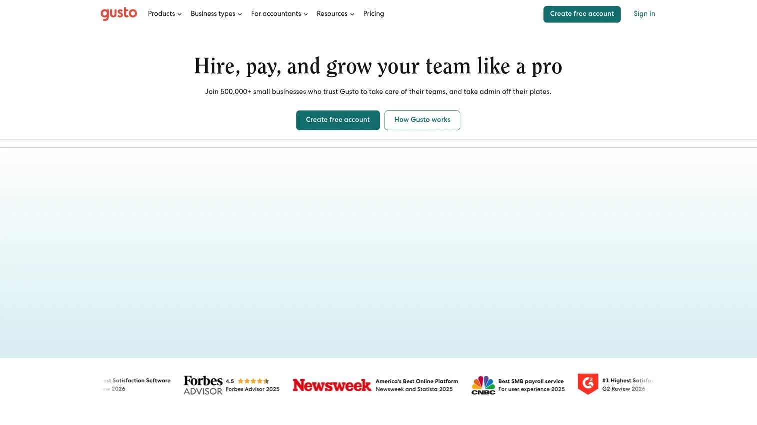 Gusto payroll and HR platform homepage