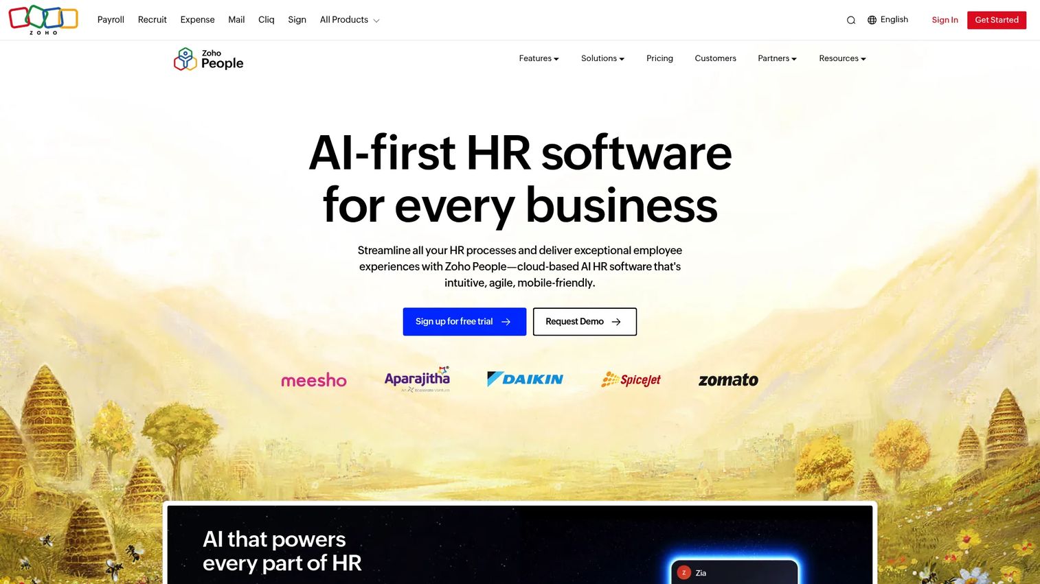 Zoho People HR software homepage