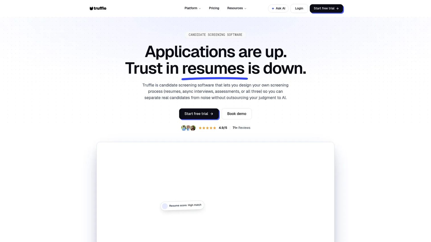 Truffle candidate screening and assessment platform homepage