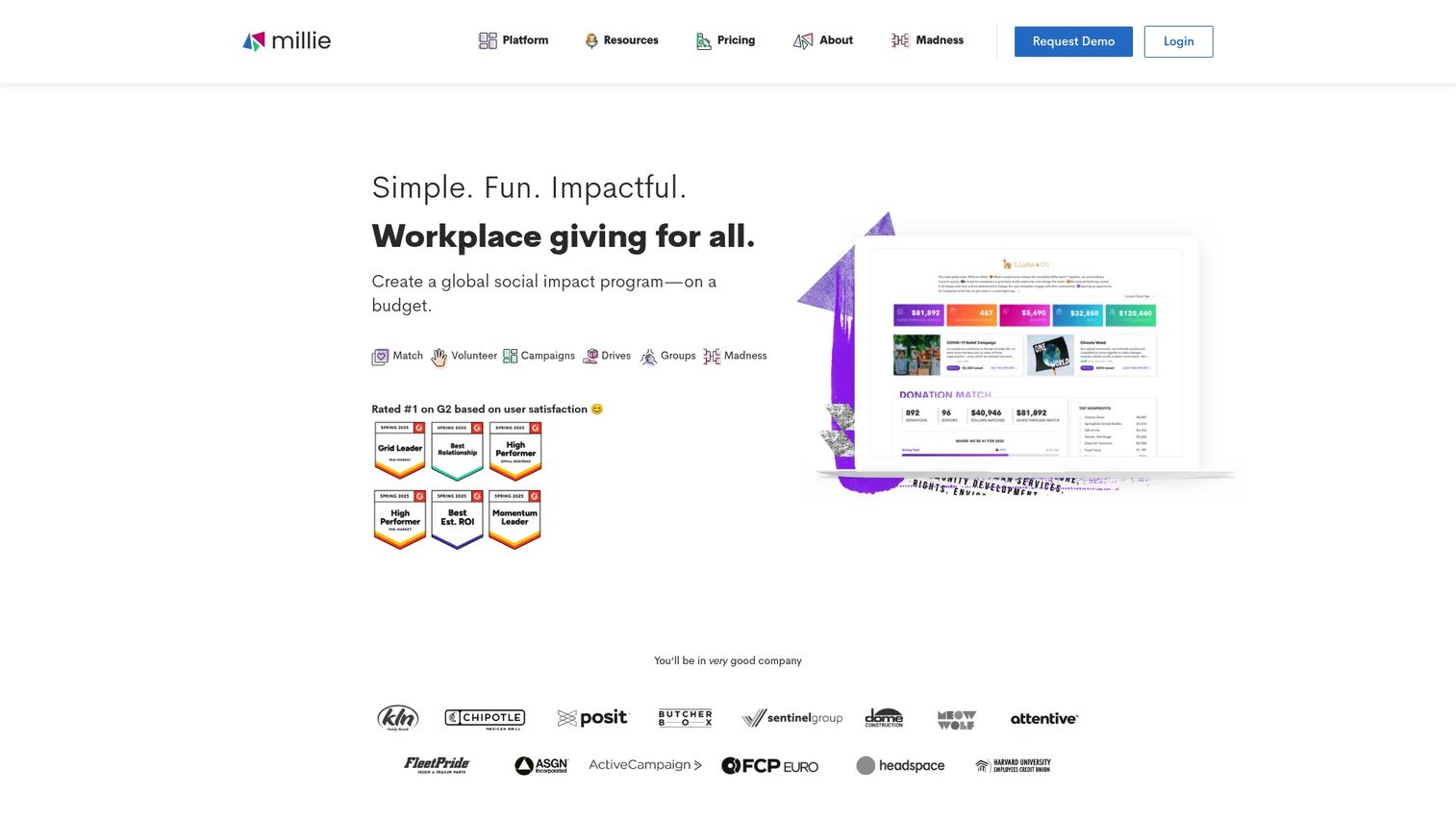 Millie workplace giving platform homepage