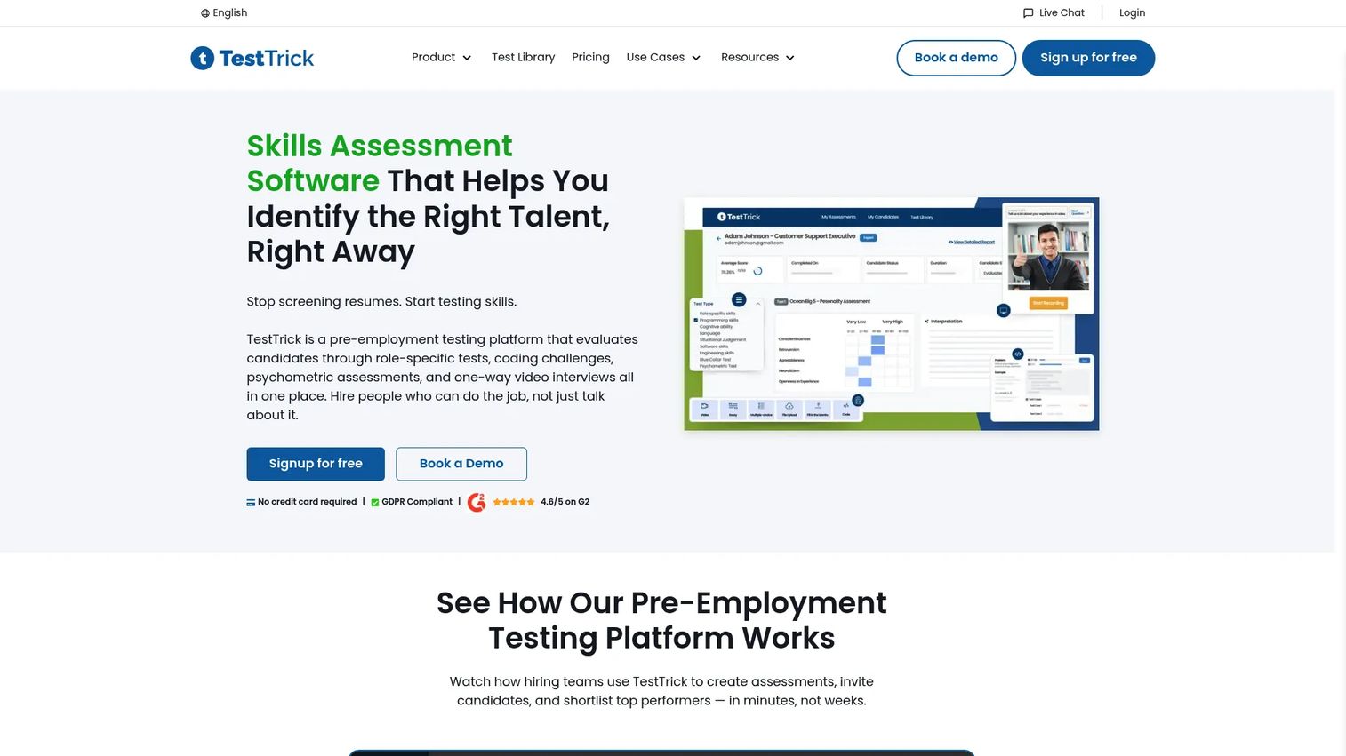 TestTrick pre-employment testing platform homepage