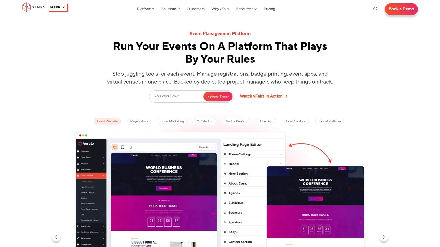 vFairs event management platform homepage