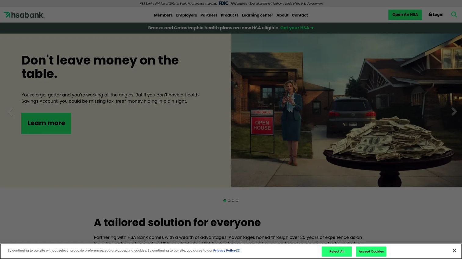 HSA Bank homepage showing health savings account options