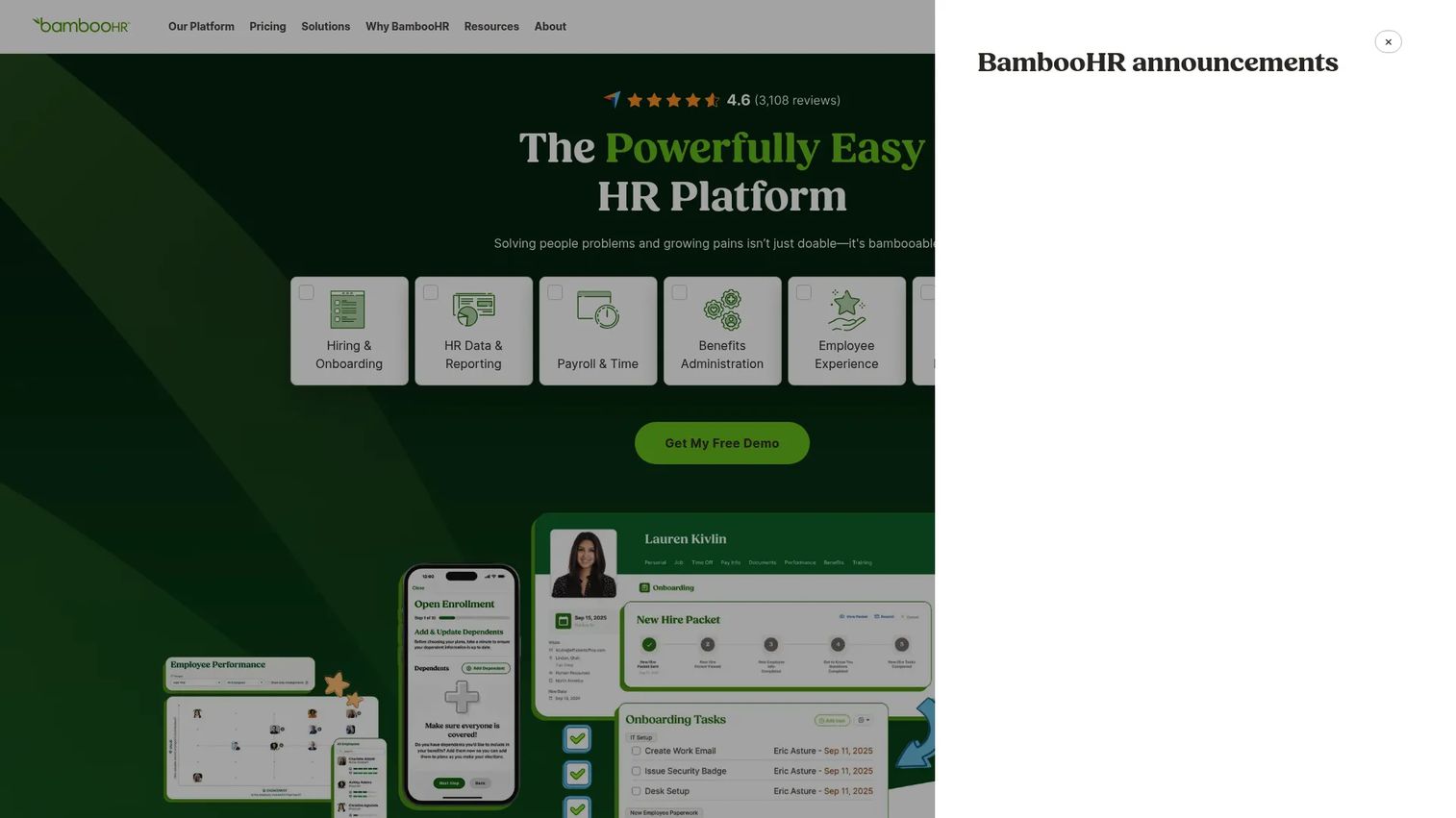 BambooHR homepage showing HR software platform for growing businesses