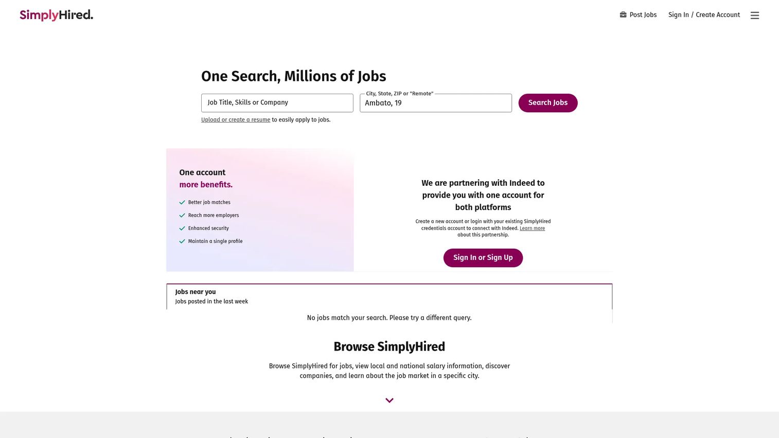 SimplyHired job search engine homepage