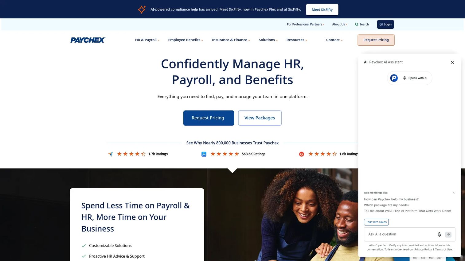 Paychex payroll and retirement platform homepage