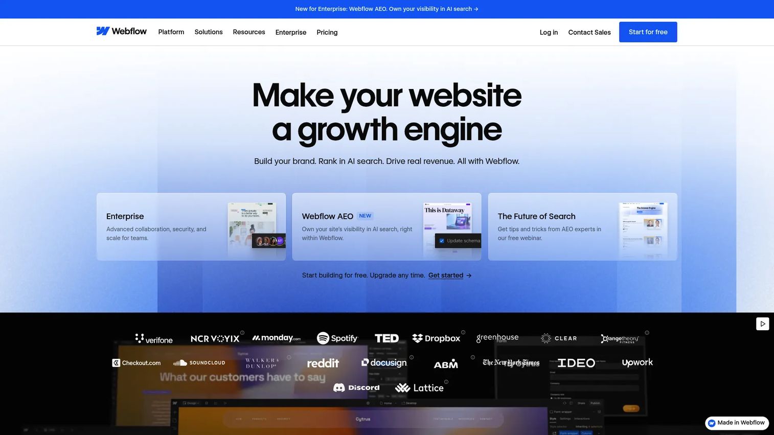 Webflow homepage showing its visual website design and CMS platform