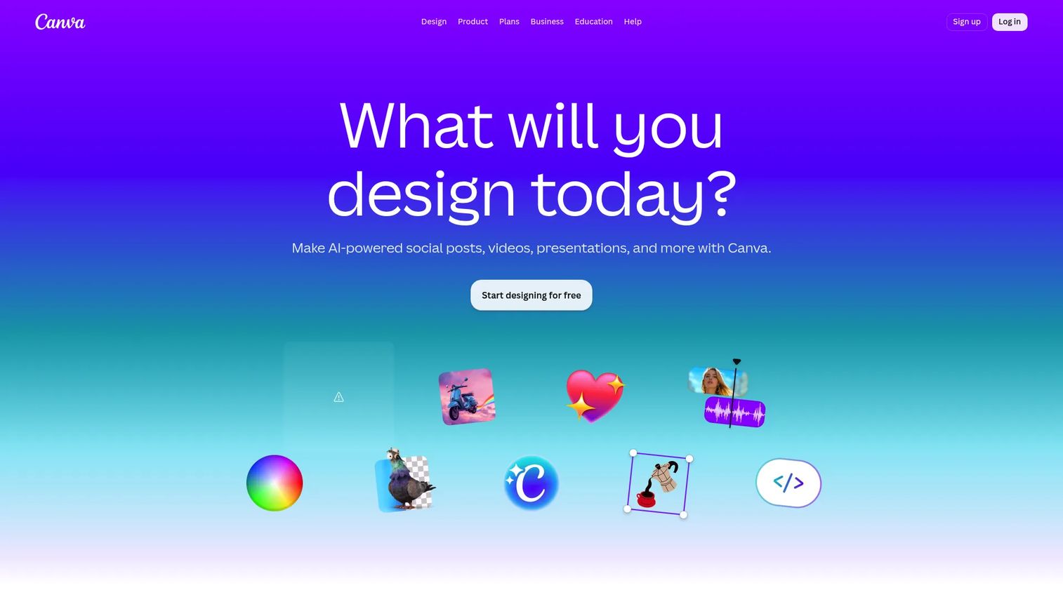 Canva homepage showing its design and template tools
