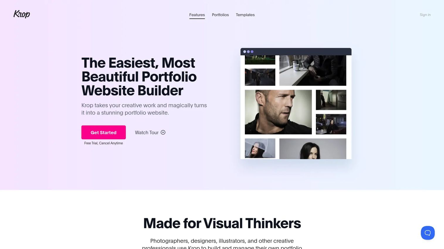 Krop portfolio builder homepage for creative professionals