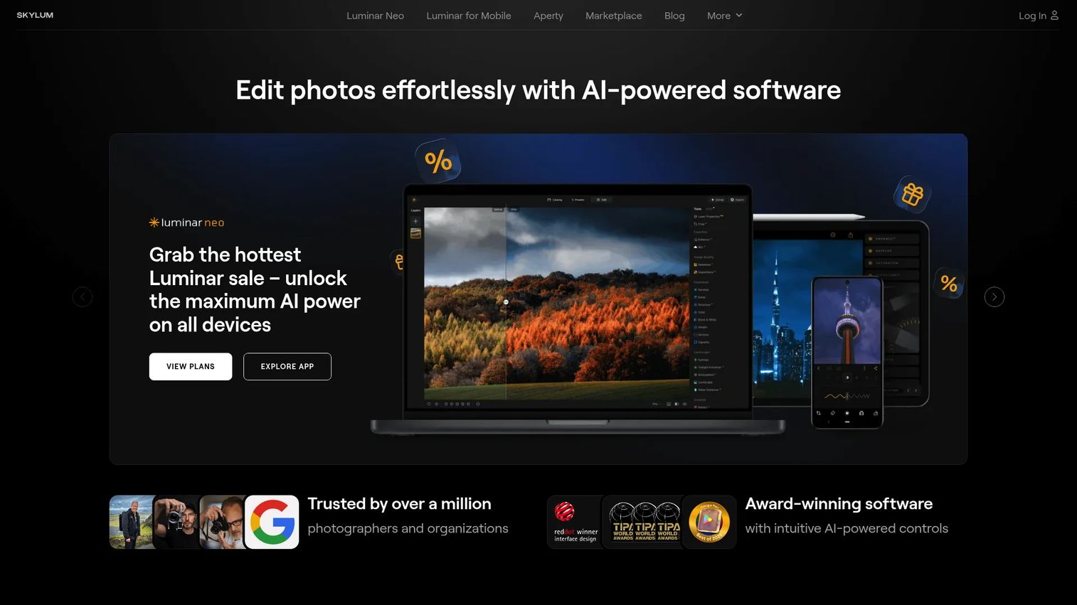 Luminar Neo AI photo editing interface with enhancement tools