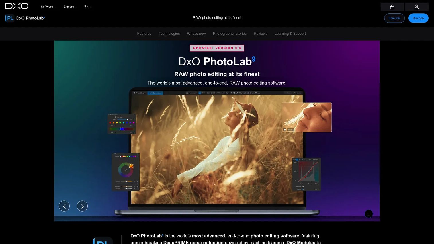 DxO PhotoLab RAW editing interface with noise reduction and lens correction tools