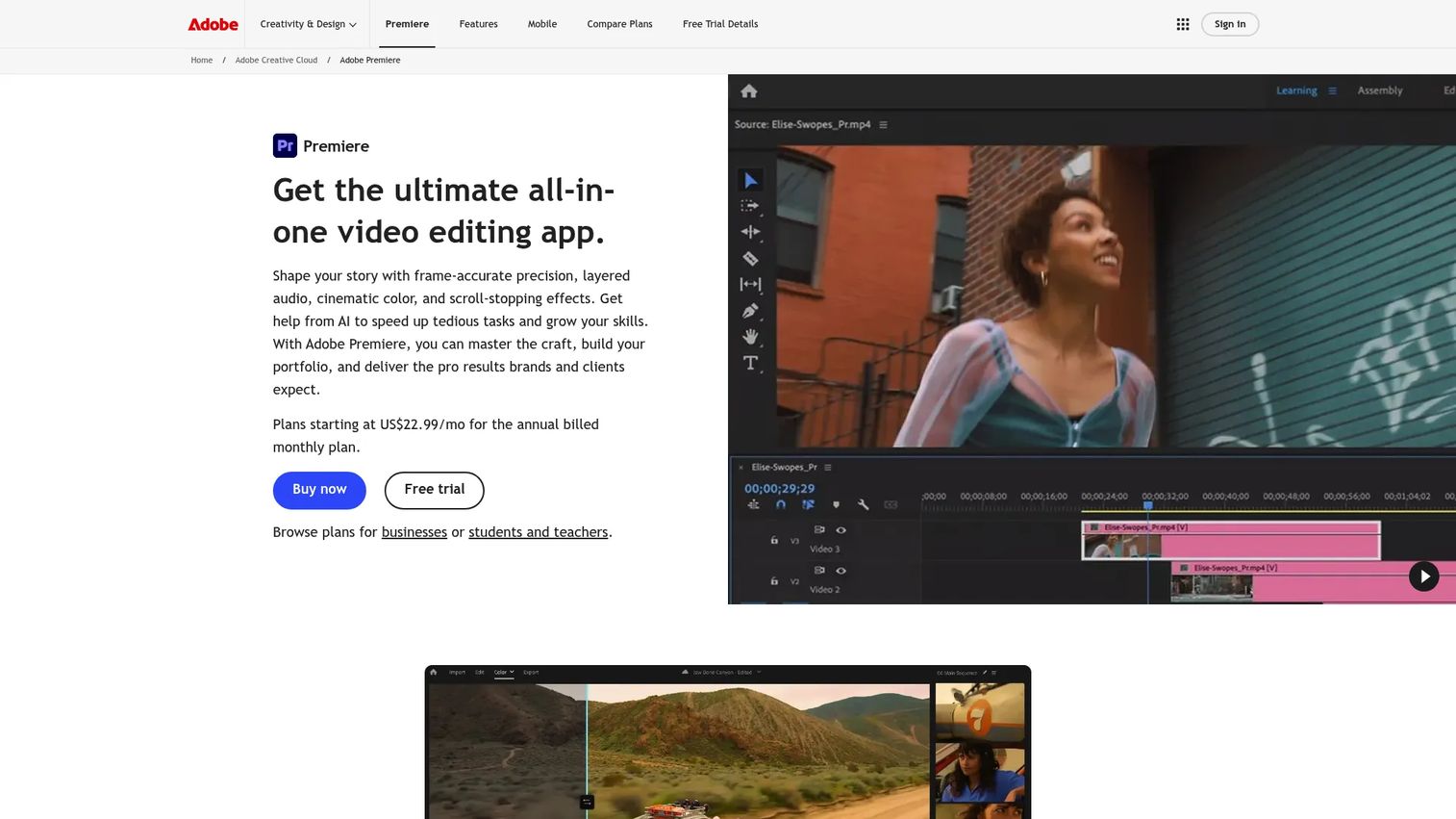 Adobe Premiere Pro video editing software homepage