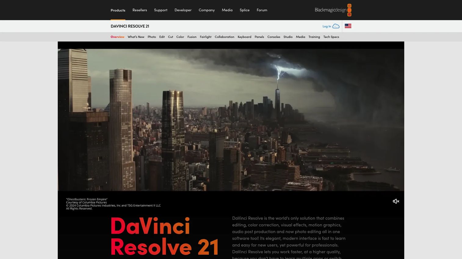 DaVinci Resolve video editing and color grading software homepage