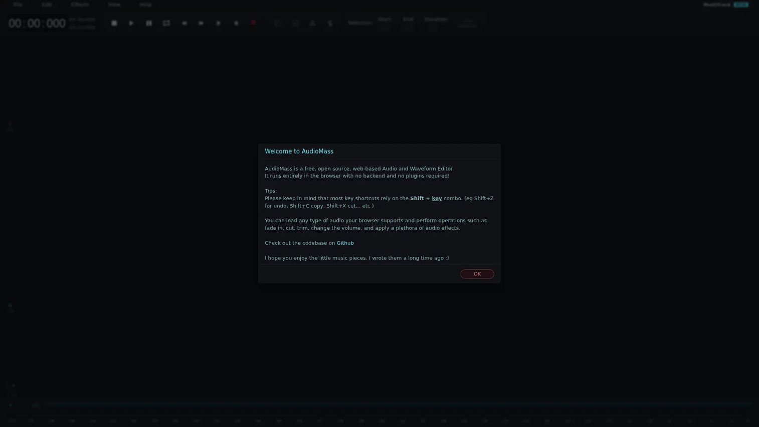 AudioMass browser-based audio editor showing waveform editing