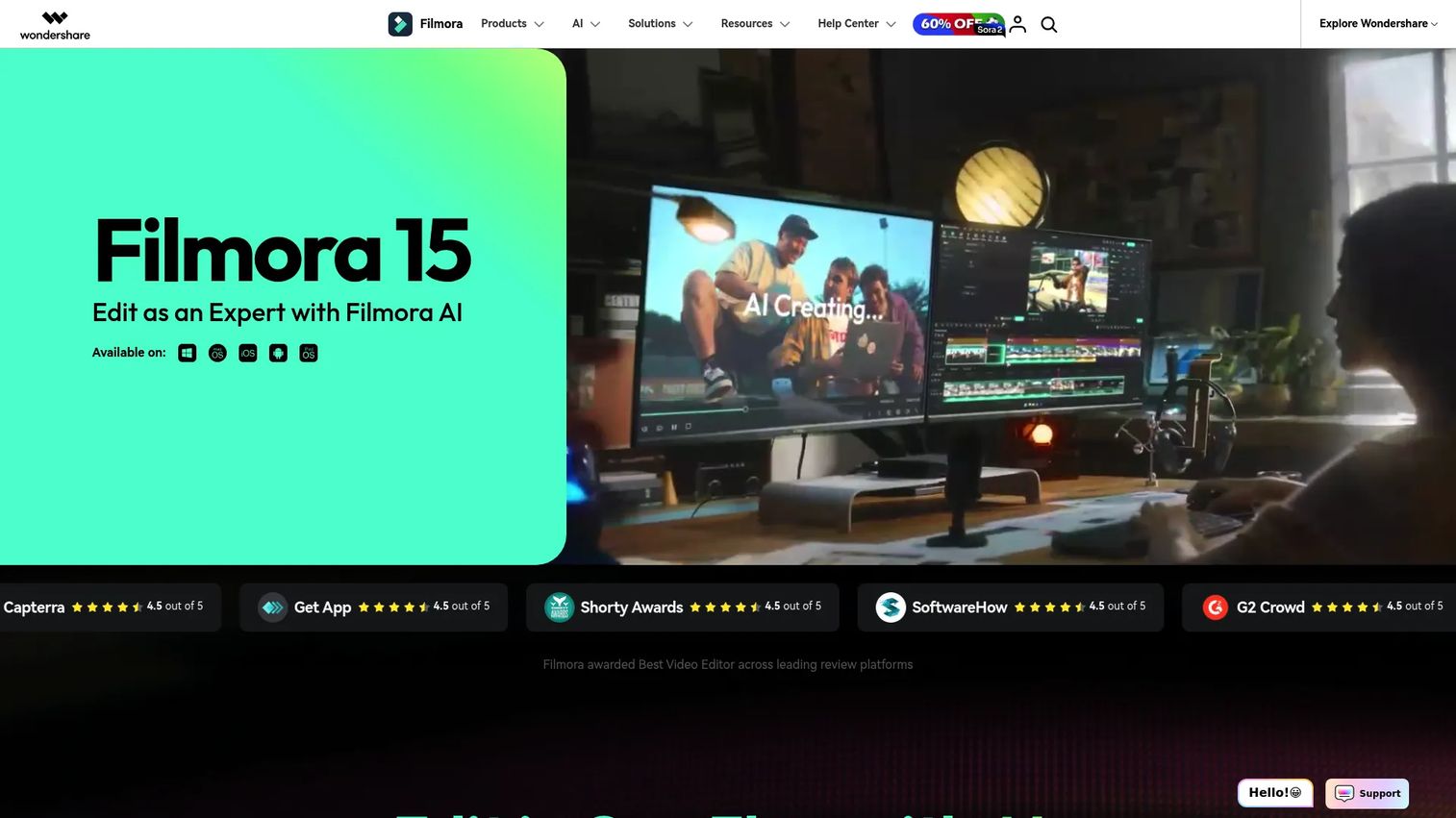 Wondershare Filmora video editor homepage