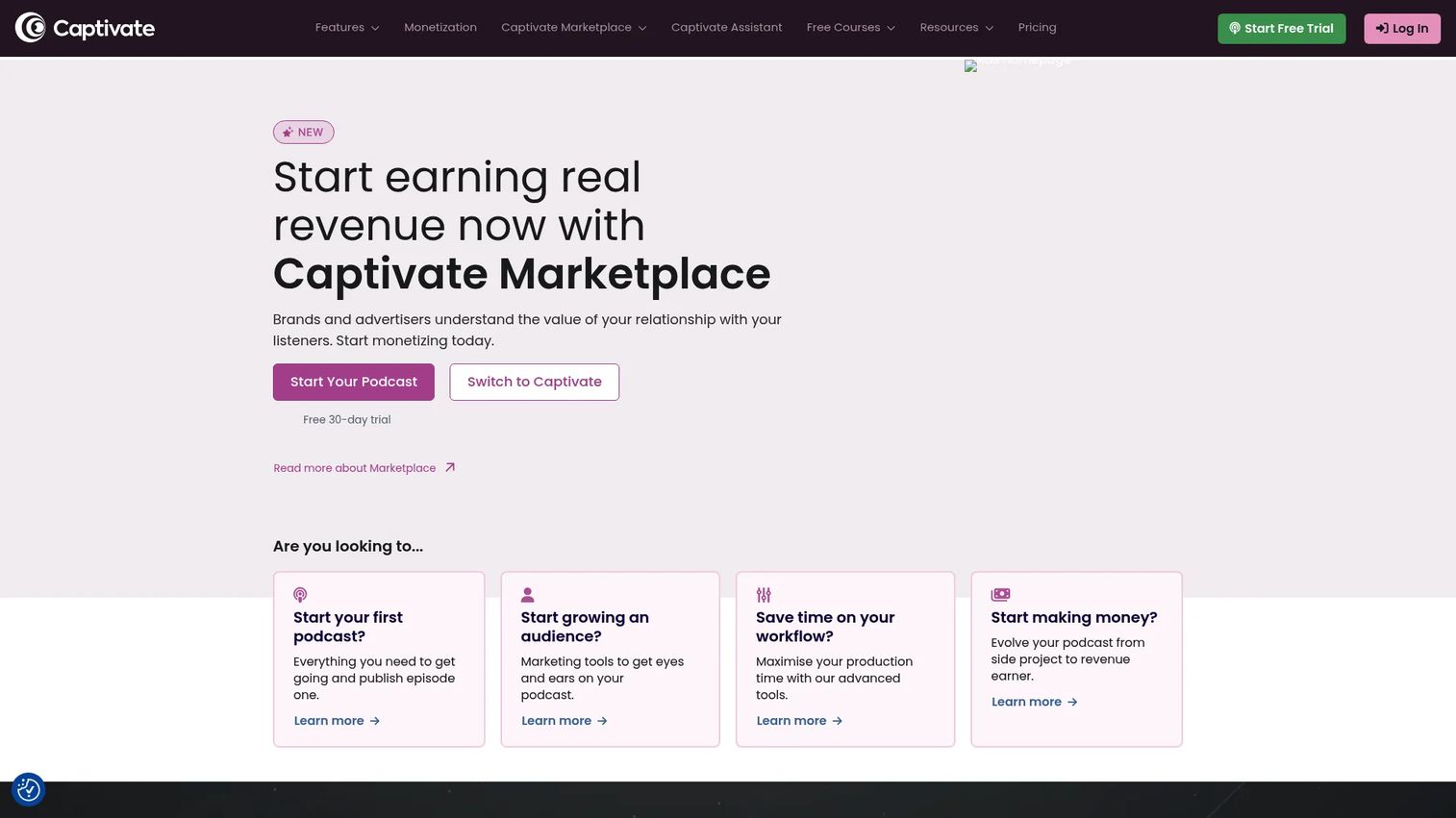 Captivate podcast hosting platform homepage