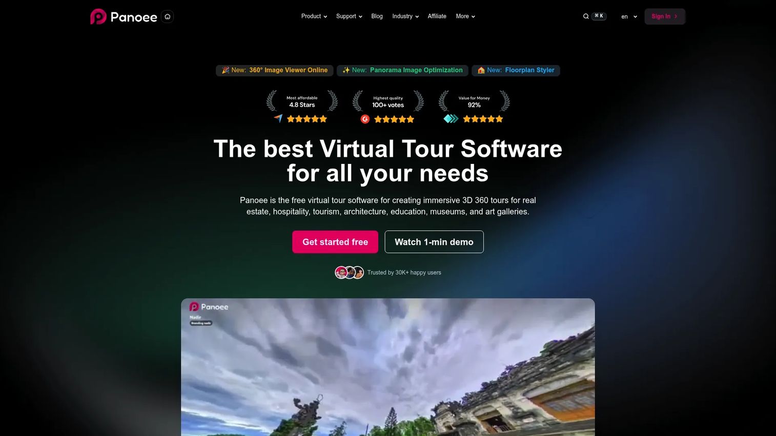 Panoee virtual tour software homepage