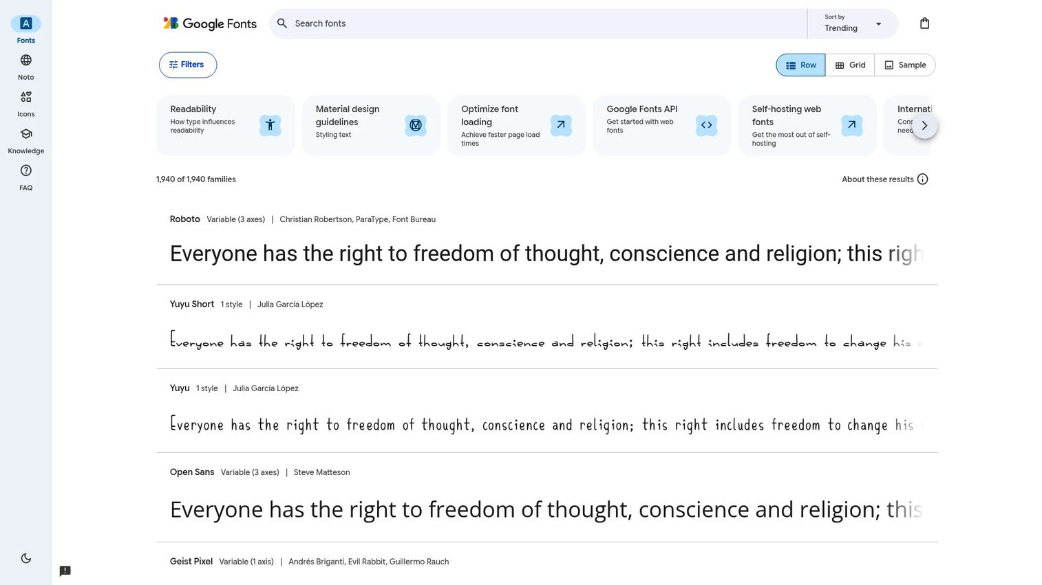 Google Fonts open-source font library homepage