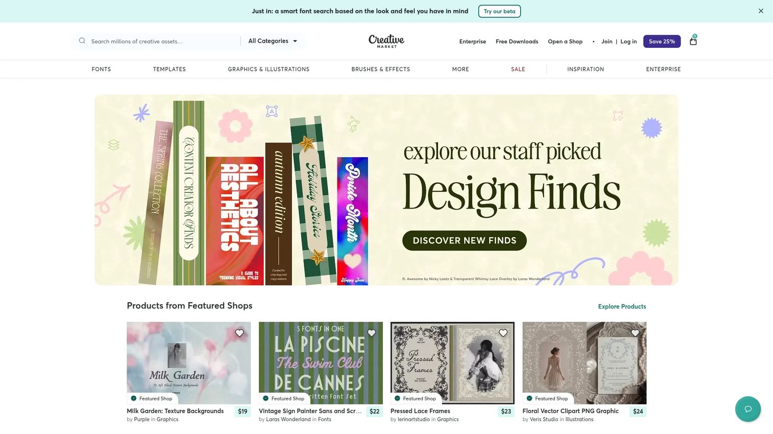 Creative Market fonts marketplace homepage