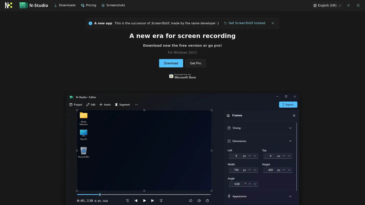 ScreenToGif screen recorder and GIF editor interface