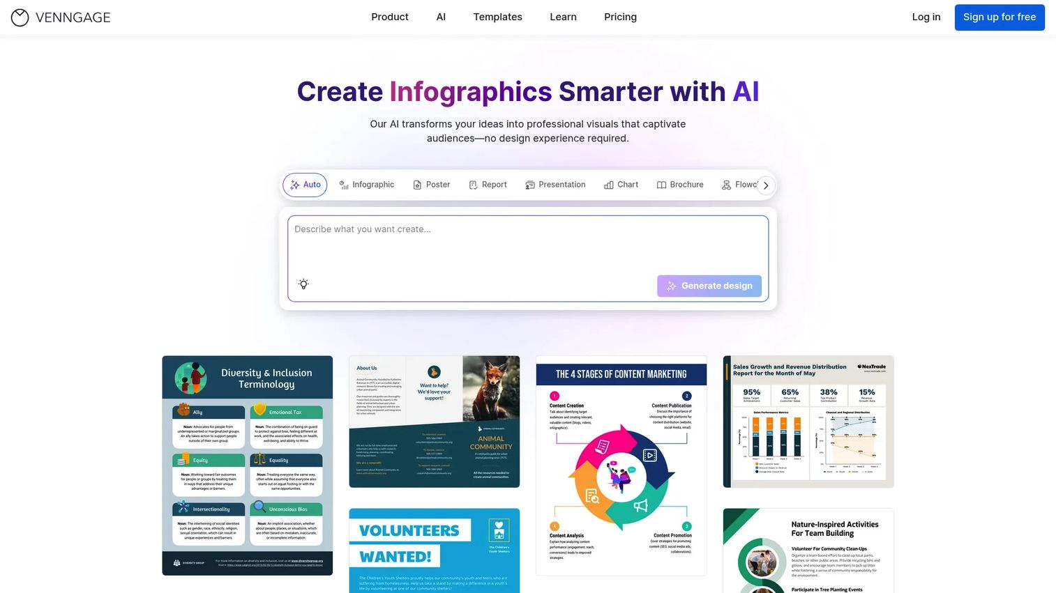 Venngage infographic and business visual platform homepage