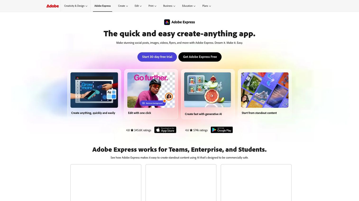 Adobe Express content creation tool homepage