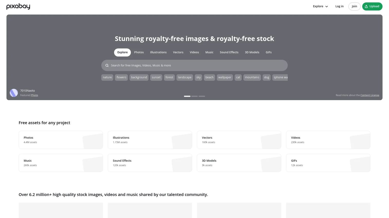 Pixabay homepage showing free photos, videos, and vectors