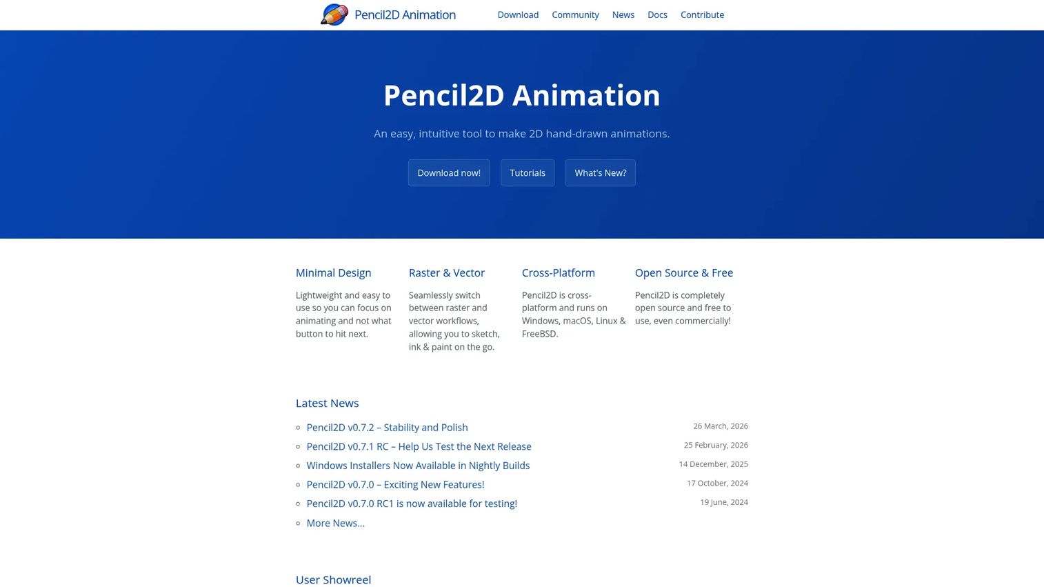 Pencil2D Animation homepage showing its open-source 2D animation software