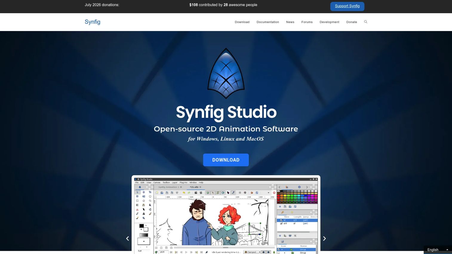 Synfig Studio homepage showing its free open-source 2D animation software