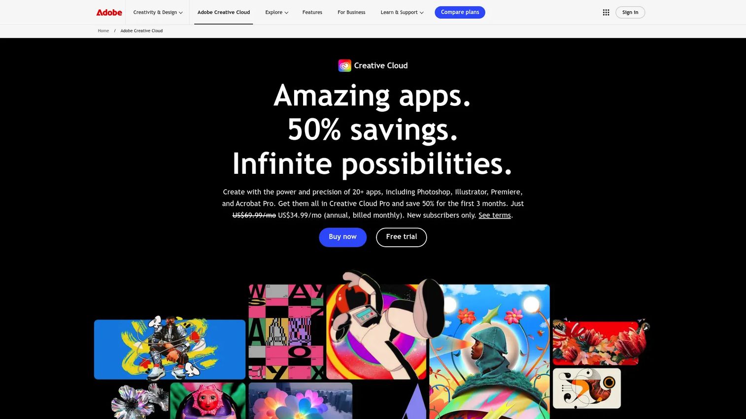 Adobe Creative Cloud homepage showing its suite of creative apps