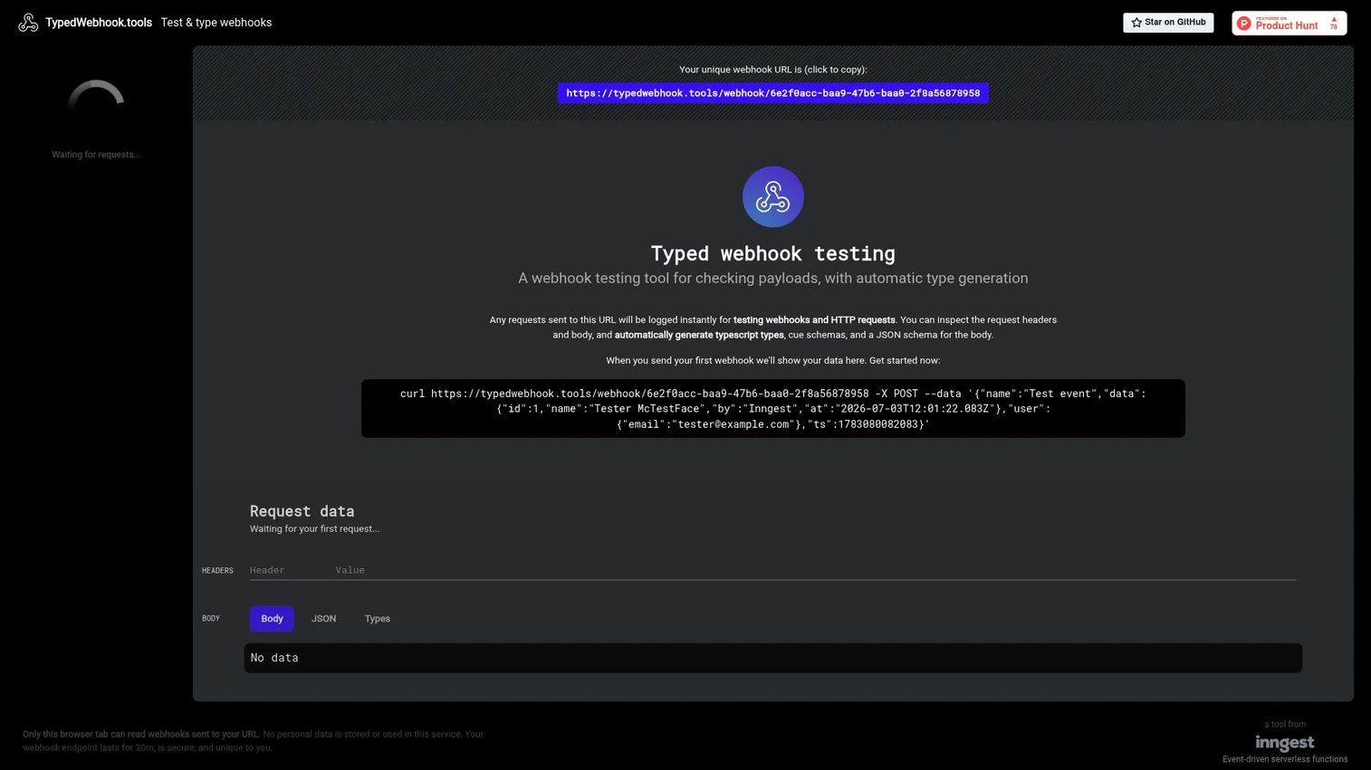 TypedWebhook.tools interface showing payload inspection and generated TypeScript types