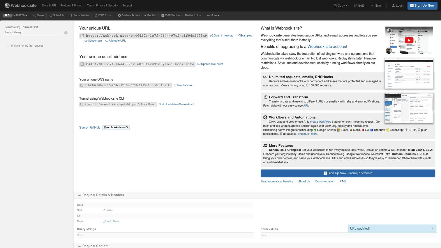 Webhook.site interface showing a unique URL and incoming request log