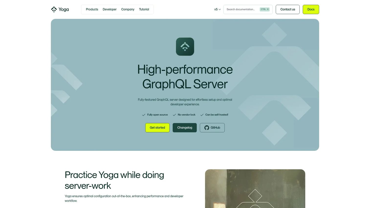 GraphQL Yoga homepage showing the open-source GraphQL server
